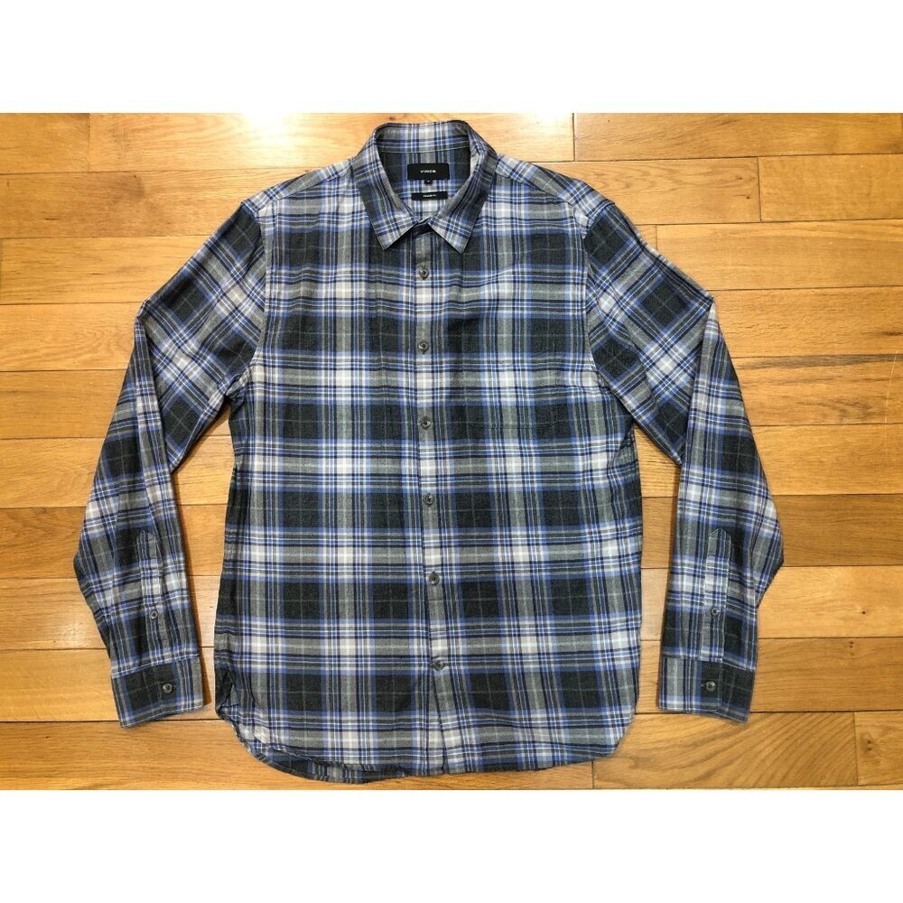 Vince 100% Cotton Classic Fit Long Sleeve Button Front Blue Gray Plaid Shirt -M